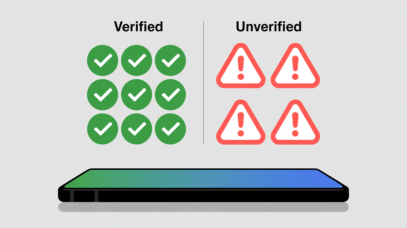 Comparison showing Google verified apps with green checkmarks versus unverified apps with red warning symbols